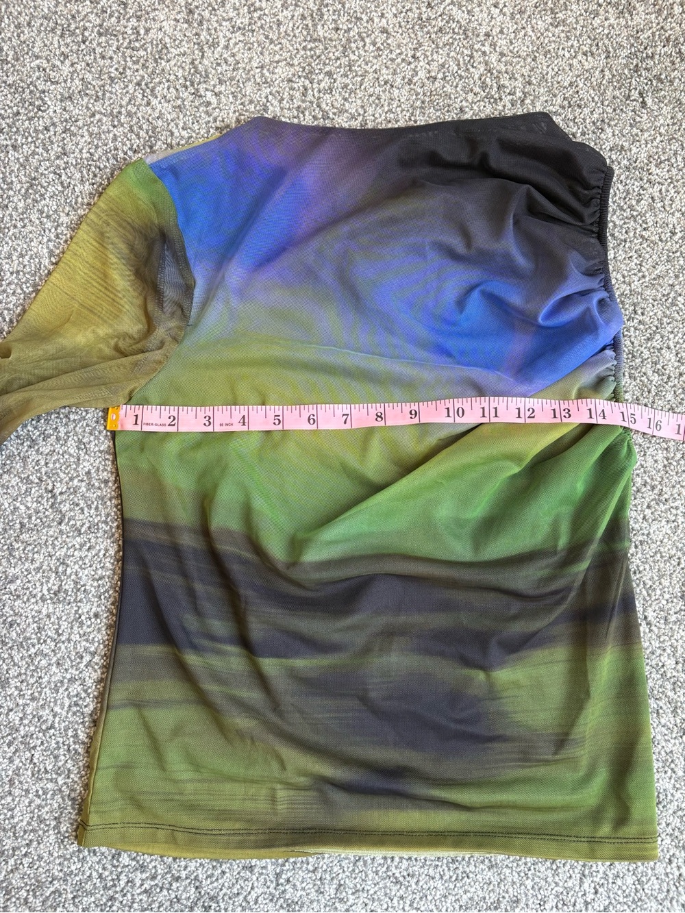 Zara Tulle Printed Asymmetric Top One Sheer Sleeve Green Black Blue Size Large - Picture 6 of 9